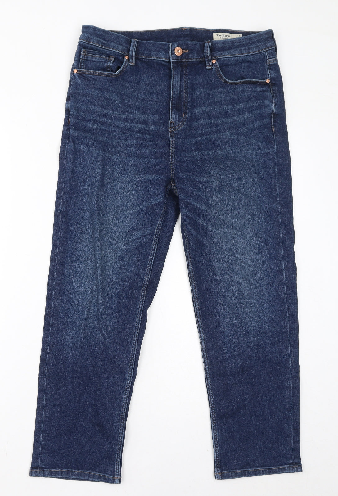 Marks and Spencer Womens Blue Cotton Straight Jeans Size 14 L24 in Regular Zip - Cigarette