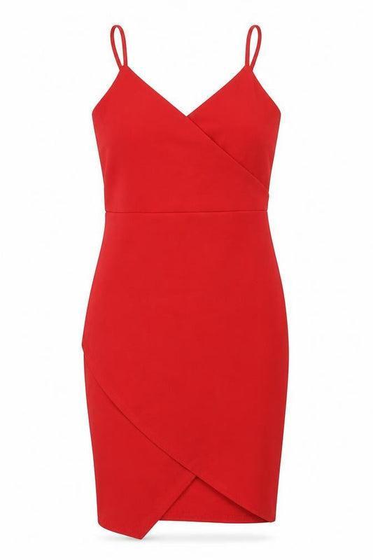 Front view of Missguided women’s red polyester bodycon, size UK 10, v-neck pullover