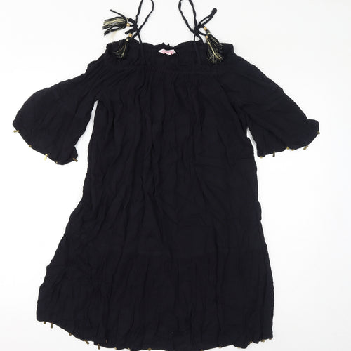 Butterfly Womens Black Viscose A-Line Size 12 Square Neck Pullover - Cold Shoulder Tassels