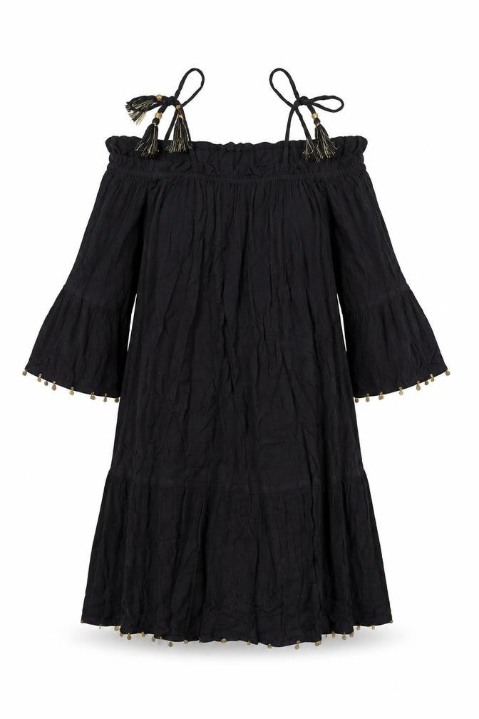 Front view of Butterfly women’s black viscose a-line, size UK 12, square neck pullover - cold shoulder tassels