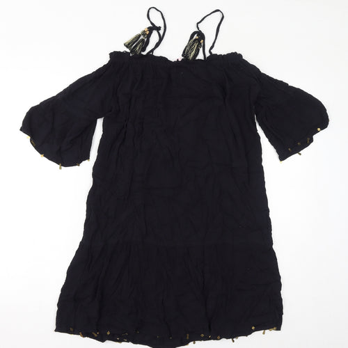 Butterfly Womens Black Viscose A-Line Size 12 Square Neck Pullover - Cold Shoulder Tassels