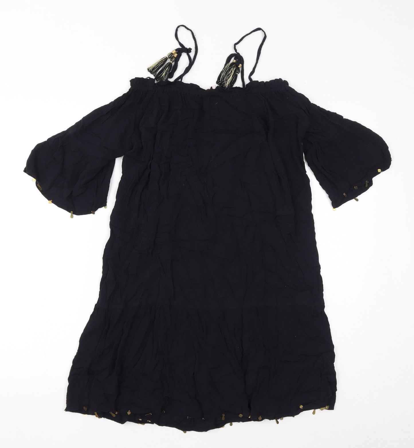 Butterfly Womens Black Viscose A-Line Size 12 Square Neck Pullover - Cold Shoulder Tassels