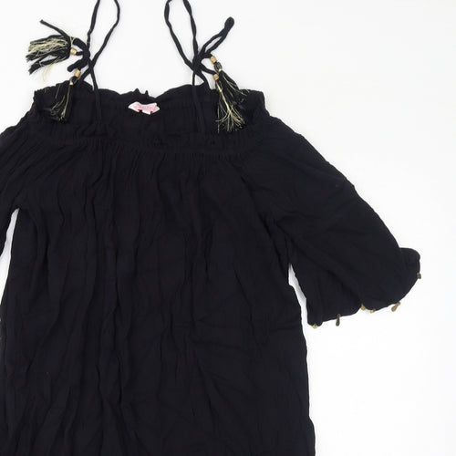 Butterfly Womens Black Viscose A-Line Size 12 Square Neck Pullover - Cold Shoulder Tassels