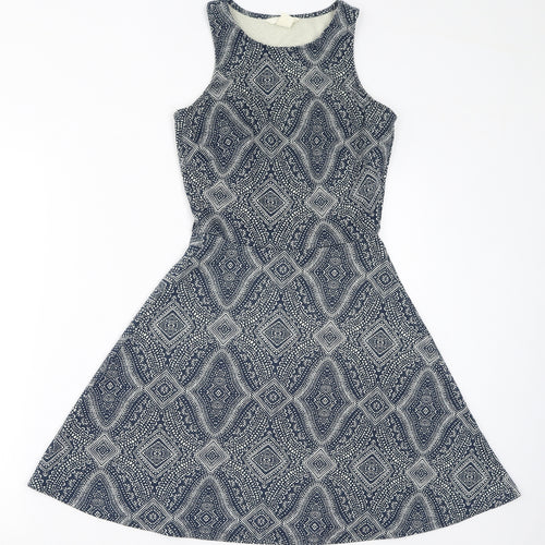 H&M Womens Blue Geometric Polyester Fit & Flare Size XS Round Neck Pullover