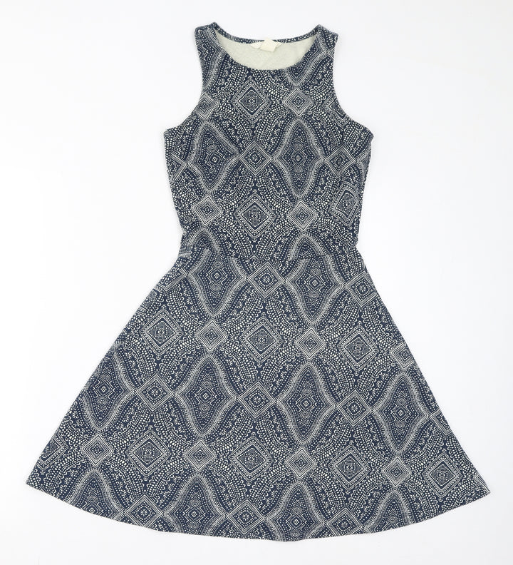 H&M Womens Blue Geometric Polyester Fit & Flare Size XS Round Neck Pullover