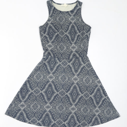 H&M Womens Blue Geometric Polyester Fit & Flare Size XS Round Neck Pullover