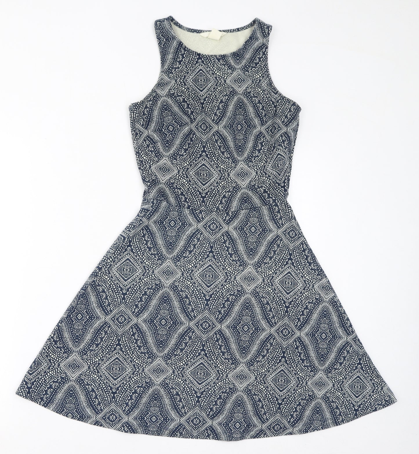 H&M Womens Blue Geometric Polyester Fit & Flare Size XS Round Neck Pullover