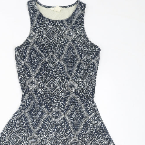 H&M Womens Blue Geometric Polyester Fit & Flare Size XS Round Neck Pullover