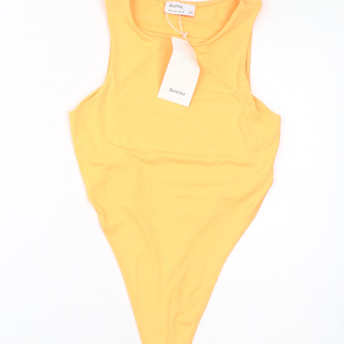 Bershka Womens Orange Polyamide Bodysuit One-Piece Size L Button - Neon