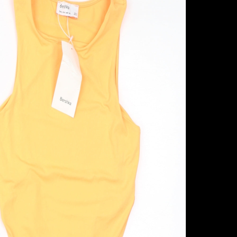 Bershka Womens Orange Polyamide Bodysuit One-Piece Size L Button - Neon