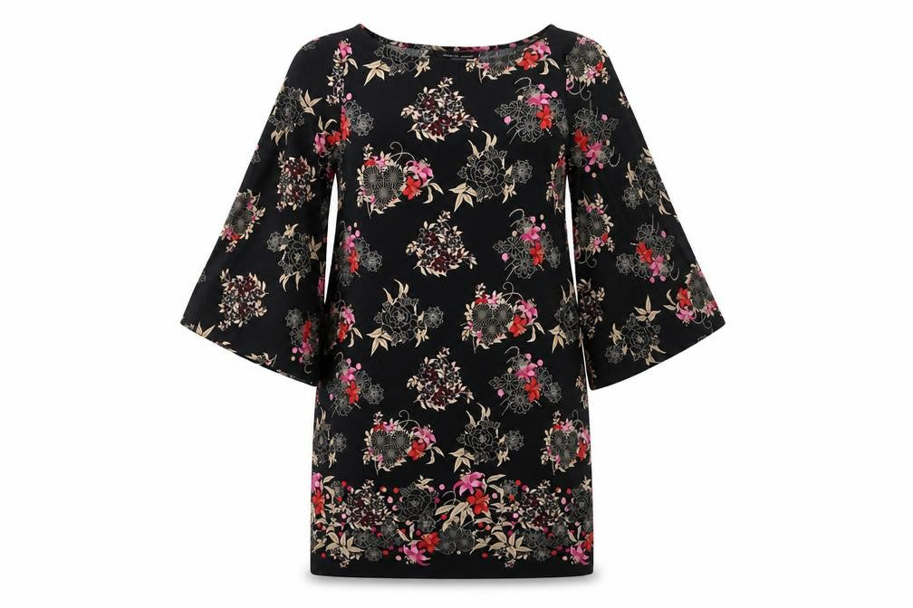 Front view of Dorothy Perkins women’s black floral polyester bodycon, size UK 12, round neck pullover
