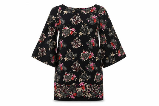 Front view of Dorothy Perkins women’s black floral polyester bodycon, size UK 12, round neck pullover