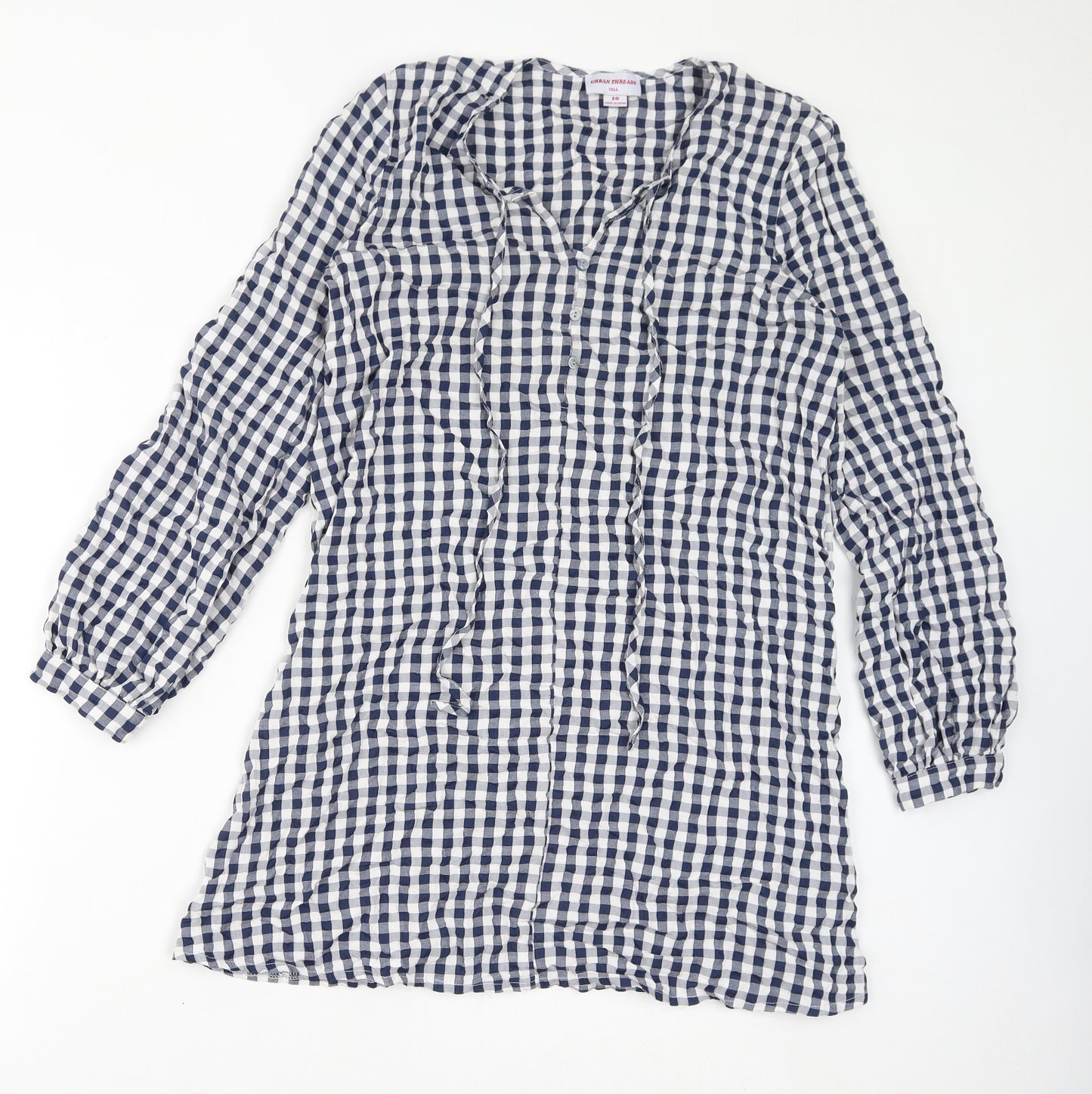Urban Threads Womens Blue Check Polyester Mini Size 10 V-Neck Button