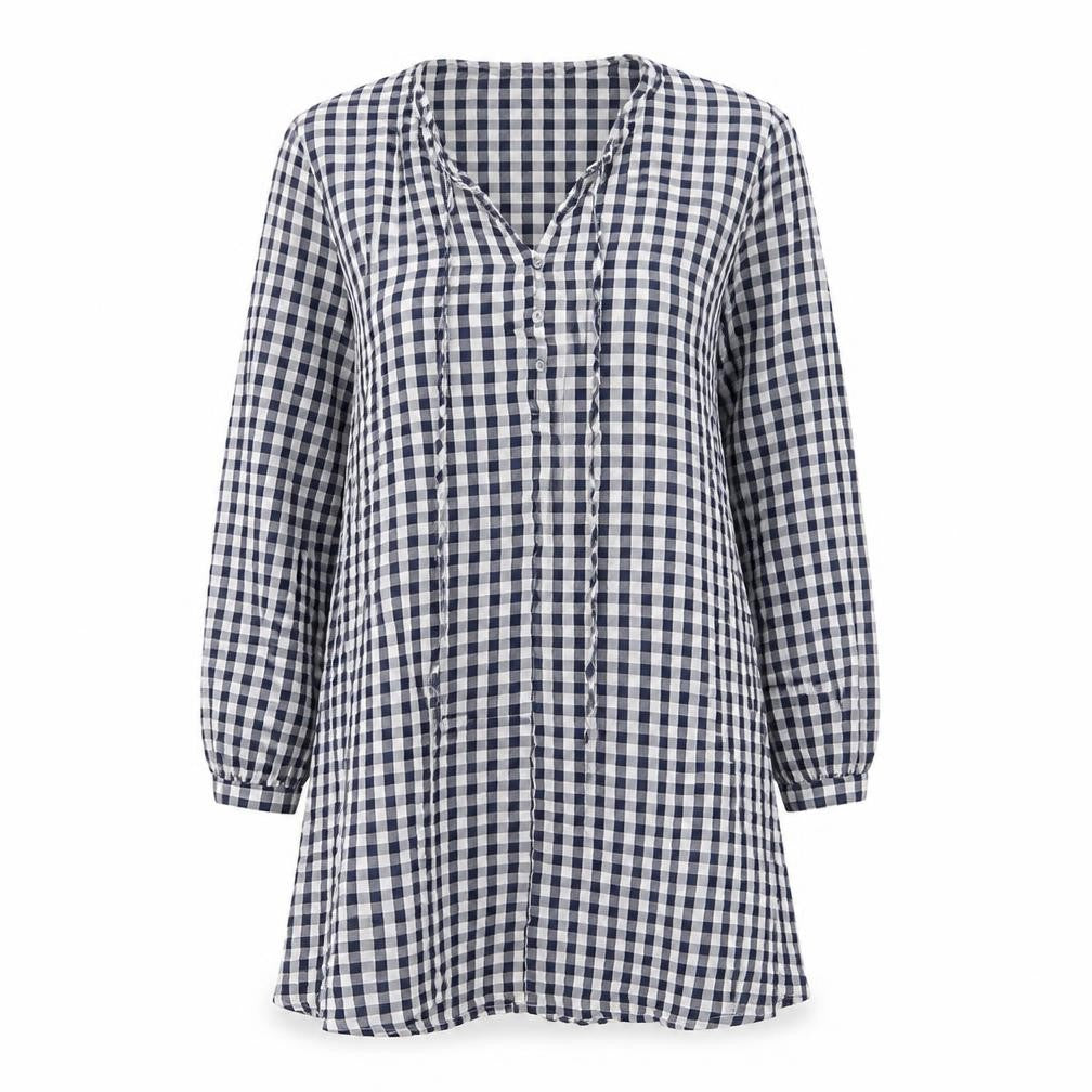 Front view of Urban Threads women’s blue check polyester mini, size UK 10, v-neck button