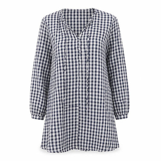 Front view of Urban Threads women’s blue check polyester mini, size UK 10, v-neck button