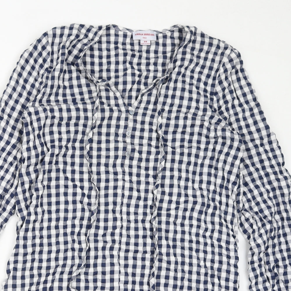 Urban Threads Womens Blue Check Polyester Mini Size 10 V-Neck Button