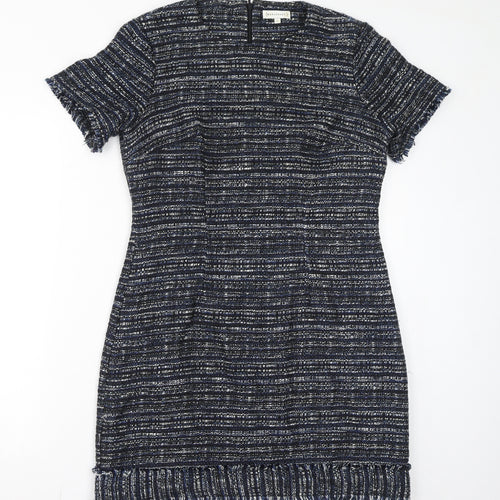 Warehouse Womens Blue Acrylic Bodycon Size 12 Round Neck Zip