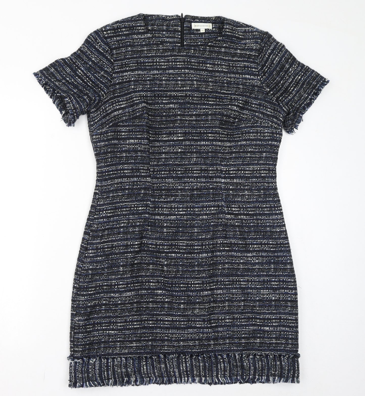 Warehouse Womens Blue Acrylic Bodycon Size 12 Round Neck Zip
