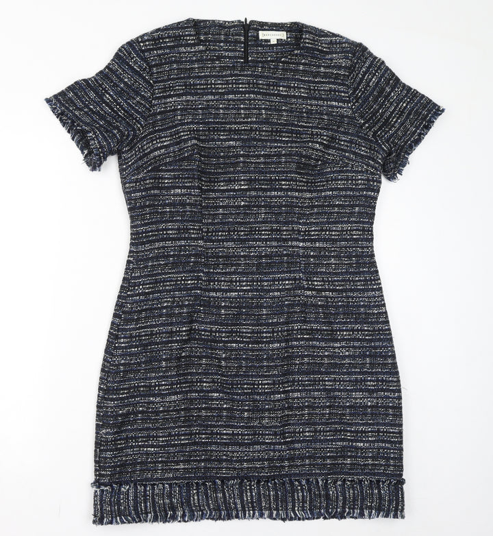 Warehouse Womens Blue Acrylic Bodycon Size 12 Round Neck Zip