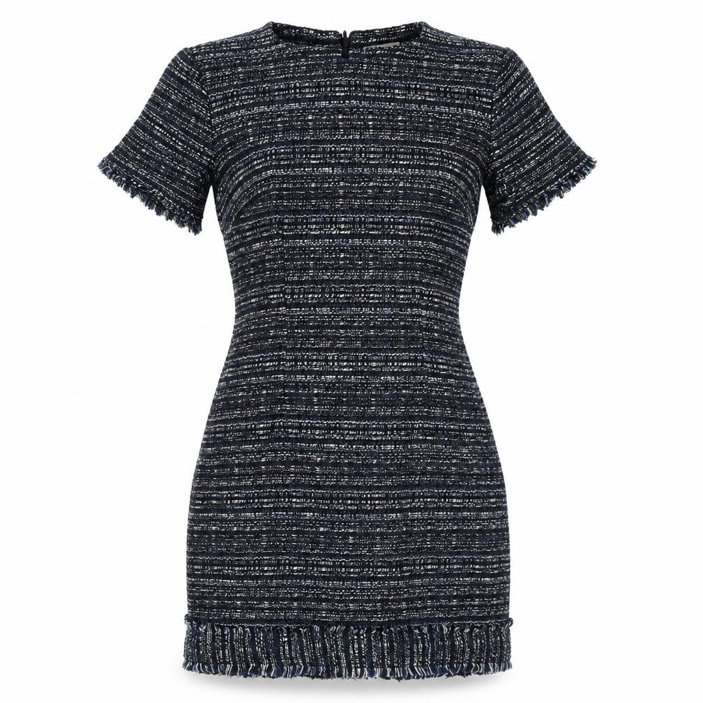 Front view of Warehouse women’s blue acrylic bodycon, size UK 12, round neck zip