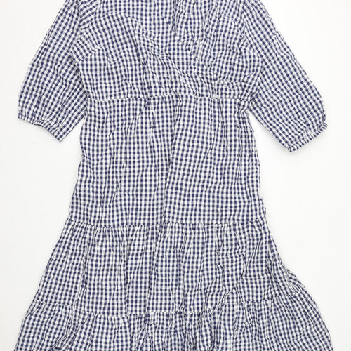 Julipa Womens Blue Check Cotton A-Line Size 24 V-Neck Tie