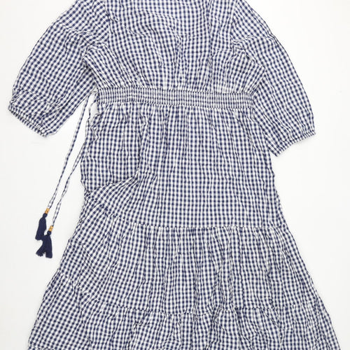 Julipa Womens Blue Check Cotton A-Line Size 24 V-Neck Tie