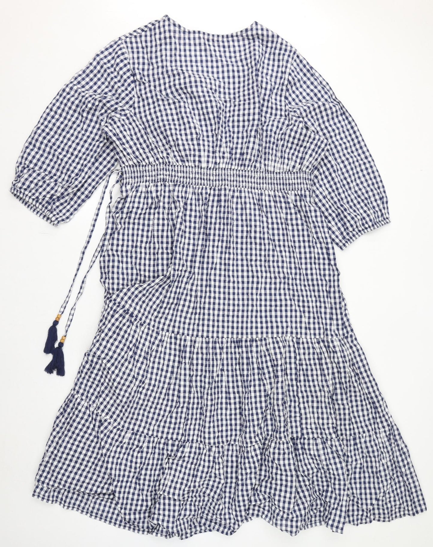 Julipa Womens Blue Check Cotton A-Line Size 24 V-Neck Tie