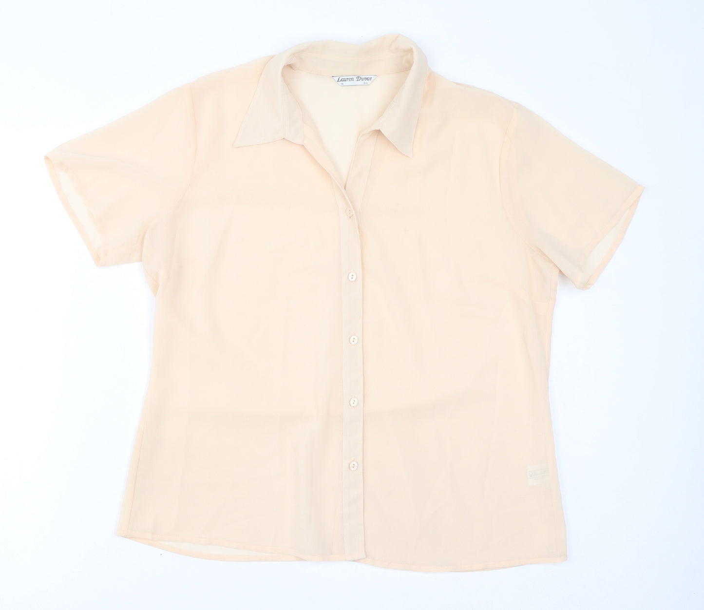 Lauren Duvar Womens Beige Polyester Basic Button-Up Size 16 Collared - Sheer