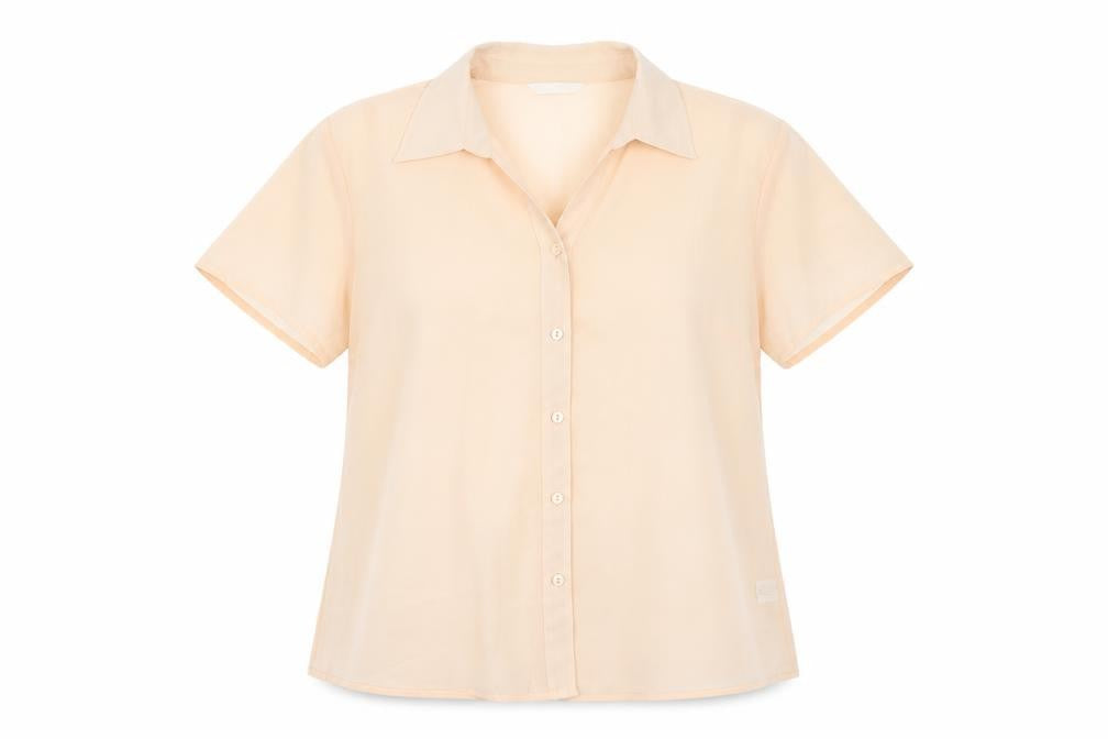Front view of Lauren Duvar women’s beige polyester basic button-up, size UK 16, collared - sheer