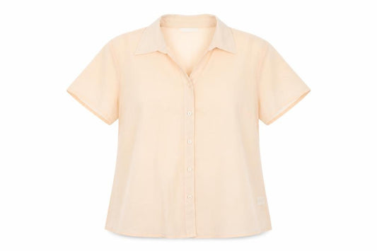 Front view of Lauren Duvar women’s beige polyester basic button-up, size UK 16, collared - sheer
