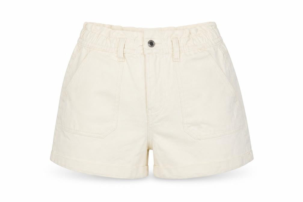 Front view of Denim & Co. women’s beige cotton basic shorts, size UK 4, 3-inch leg regular zip - pockets