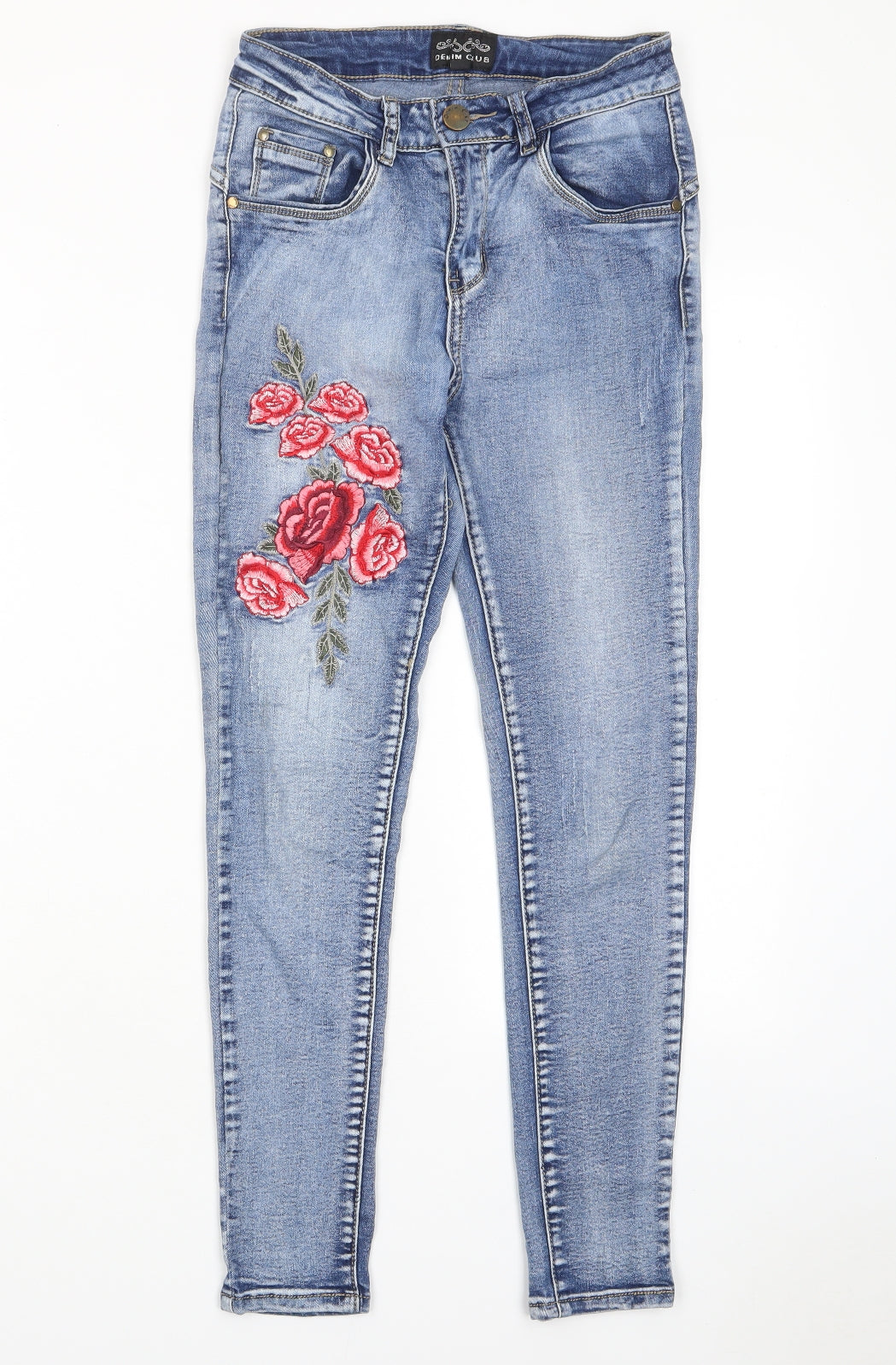 Denim Club Womens Blue Cotton Skinny Jeans Size 8 L26 in Regular Zip - Roses, Embroidered