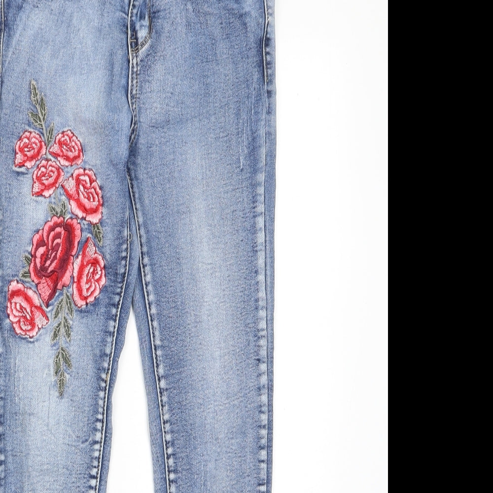 Denim Club Womens Blue Cotton Skinny Jeans Size 8 L26 in Regular Zip - Roses, Embroidered