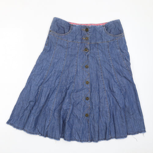 Per Una Womens Blue Cotton A-Line Skirt Size 10 Button - Pockets