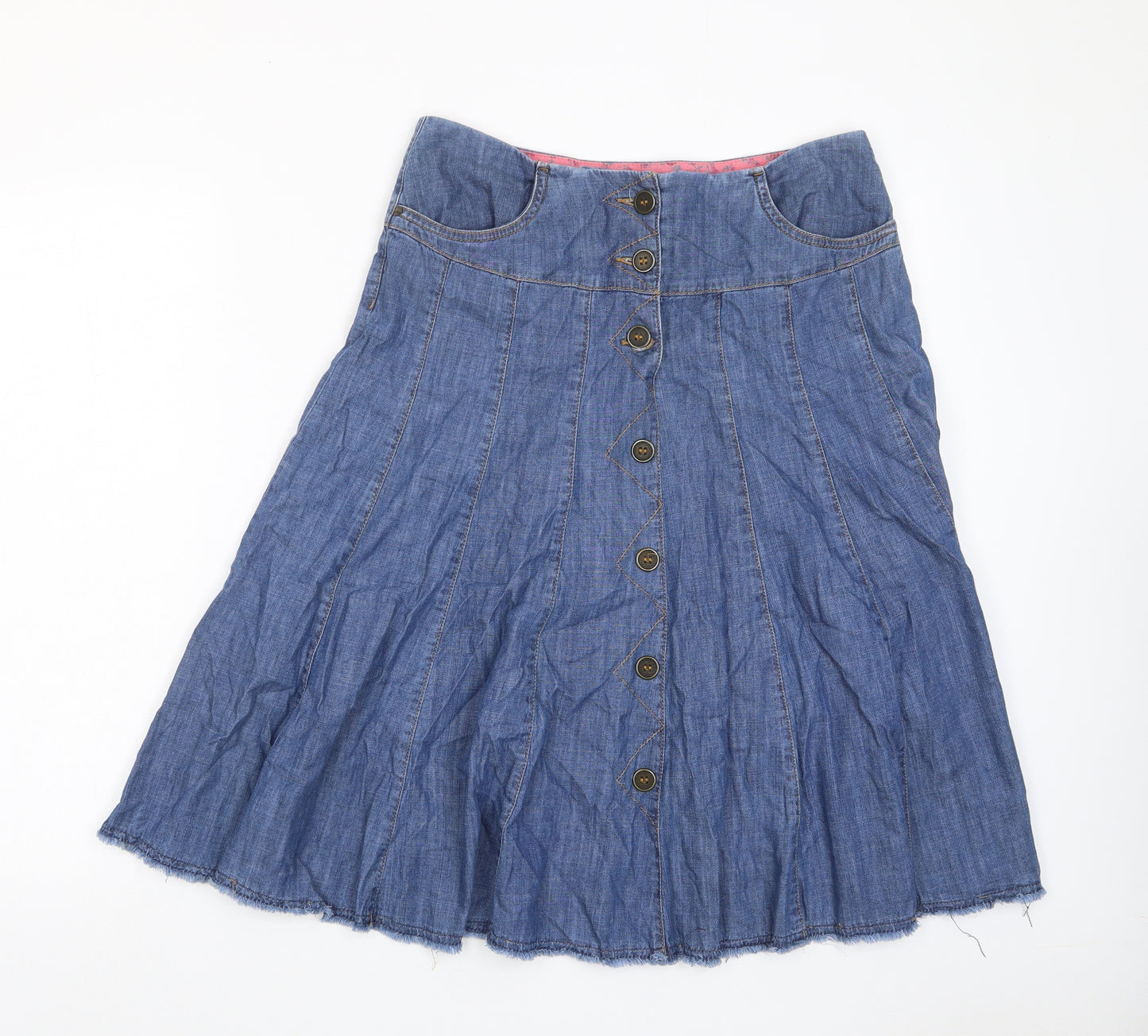 Per Una Womens Blue Cotton A-Line Skirt Size 10 Button - Pockets