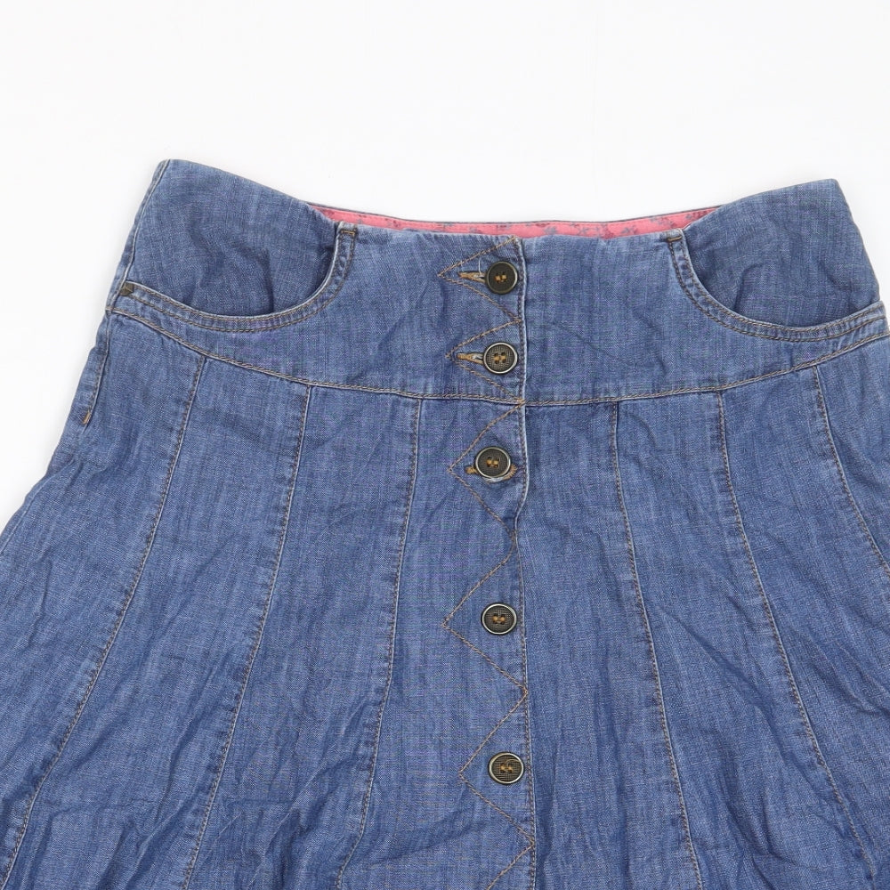 Per Una Womens Blue Cotton A-Line Skirt Size 10 Button - Pockets