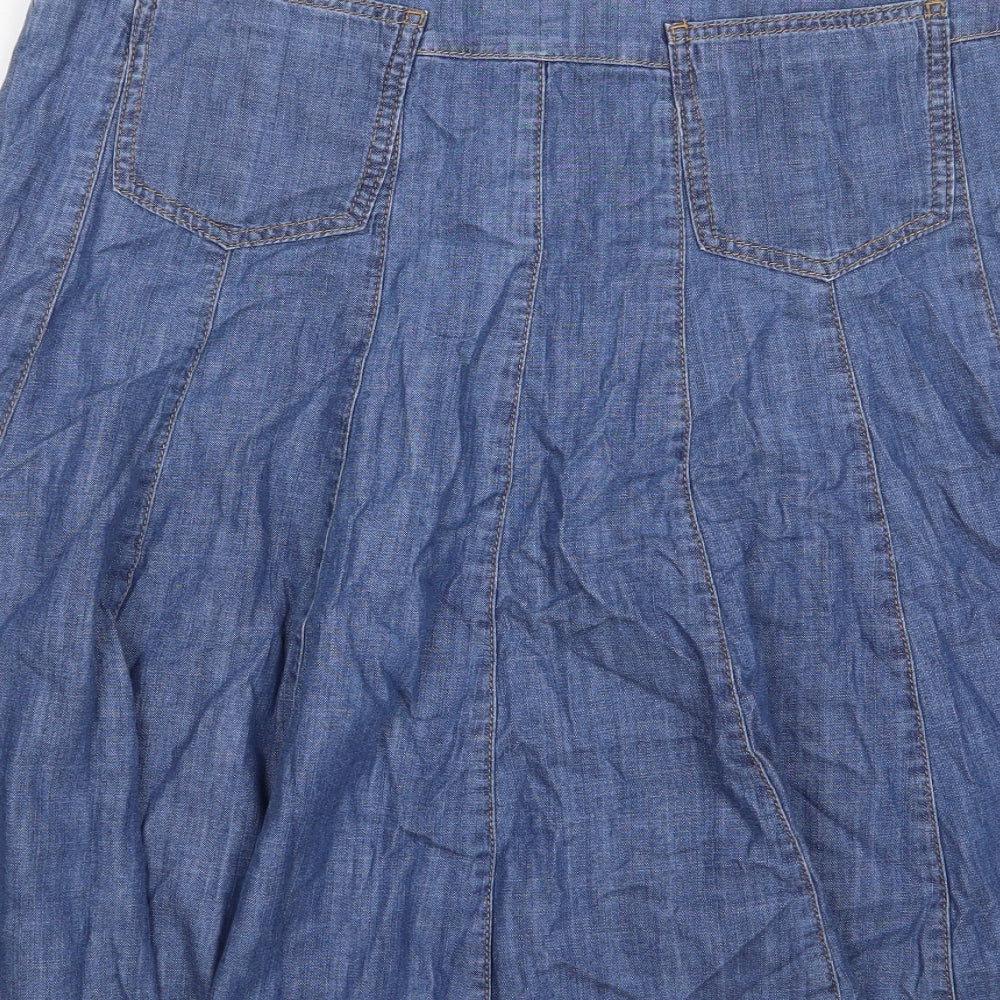 Per Una Womens Blue Cotton A-Line Skirt Size 10 Button - Pockets