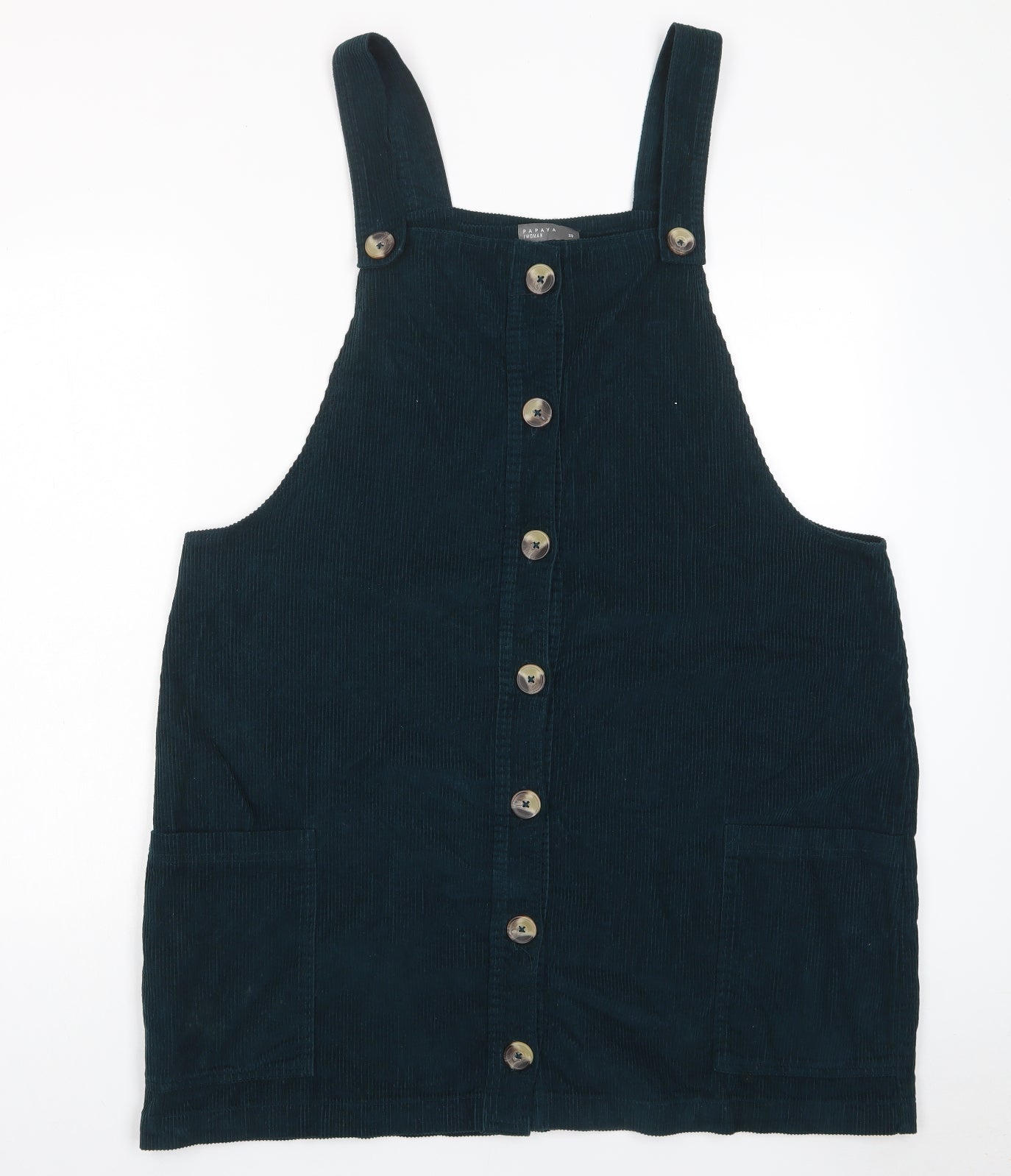 Papaya Womens Green Cotton Pinafore/Dungaree Dress Size 20 Square Neck Button - Pockets, Pinafore