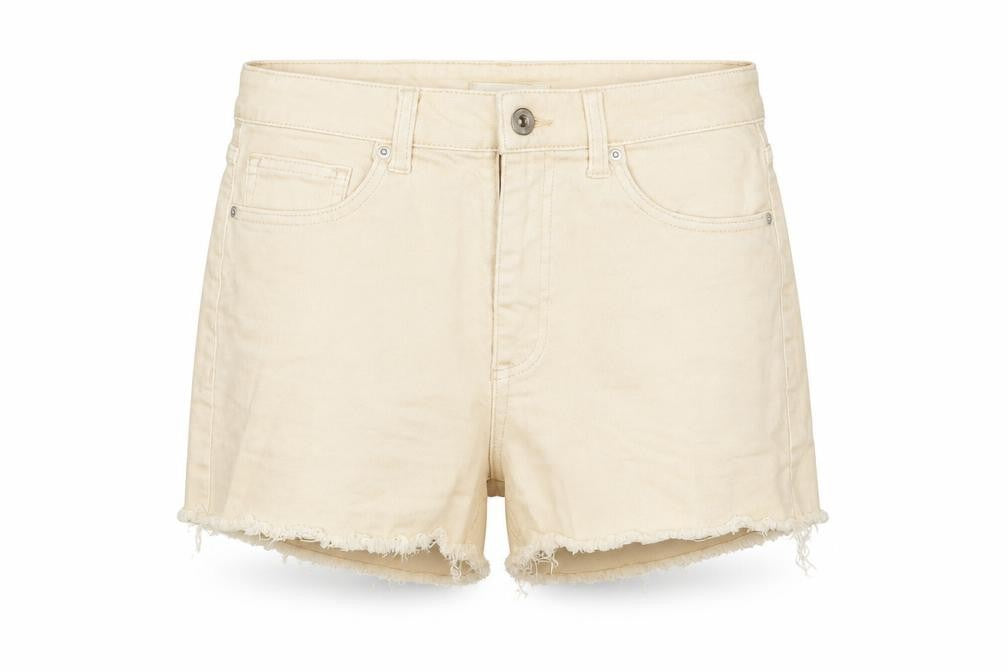 Front view of H&M women’s beige cotton basic shorts, size UK 8, 3-inch leg regular zip - pockets