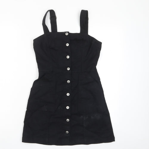 H&M Womens Black Cotton Pencil Dress Size 8 Square Neck Button - Pockets