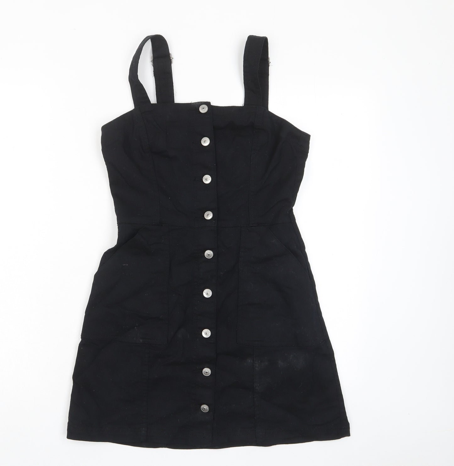 H&M Womens Black Cotton Pencil Dress Size 8 Square Neck Button - Pockets