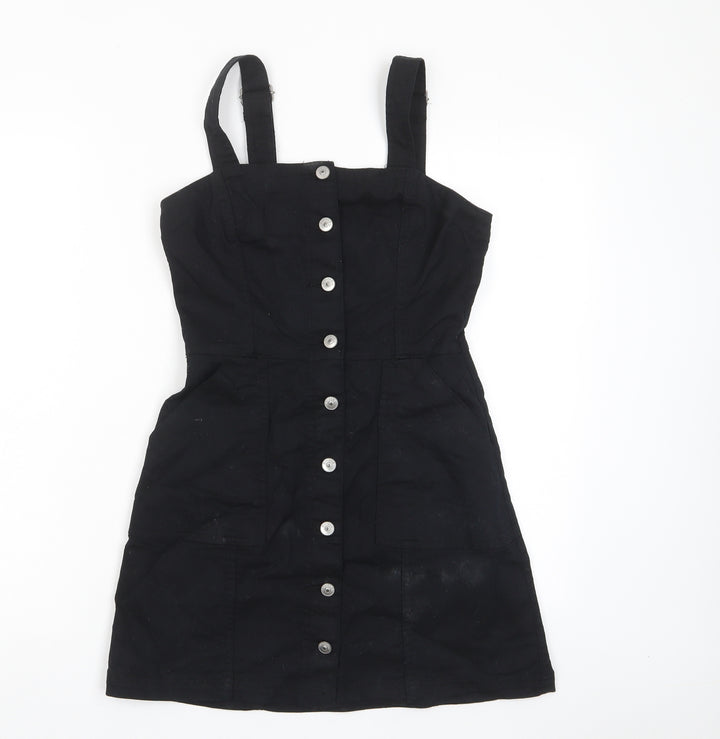 H&M Womens Black Cotton Pencil Dress Size 8 Square Neck Button - Pockets