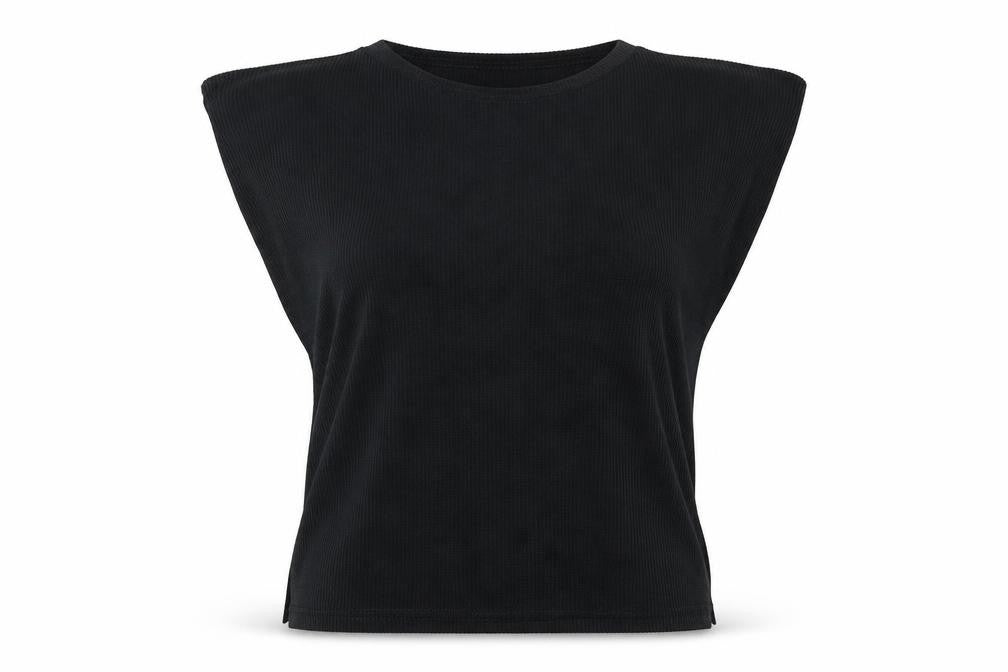 Front view of Misspap women’s black polyester basic tank, size M, round neck - shoulder pads