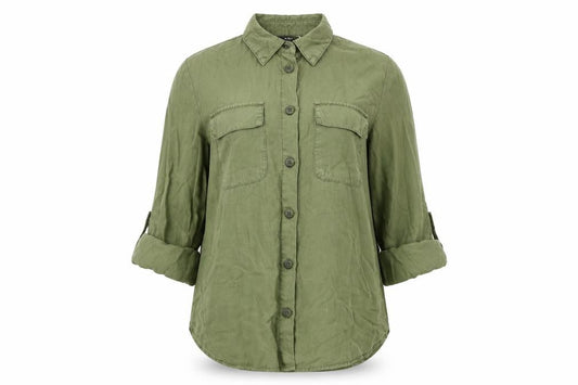 Front view of Only women’s green lyocell basic button-up, size XS, collared