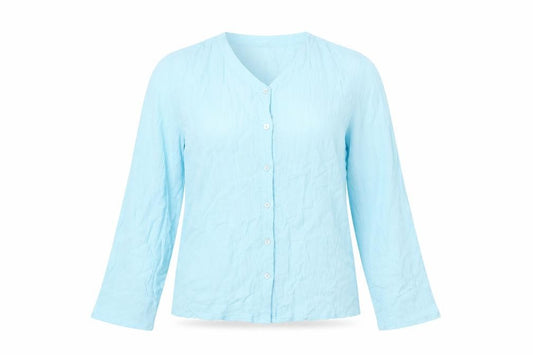 Front view of Marks & Spencer women’s blue viscose basic button-up, size UK 2, round neck