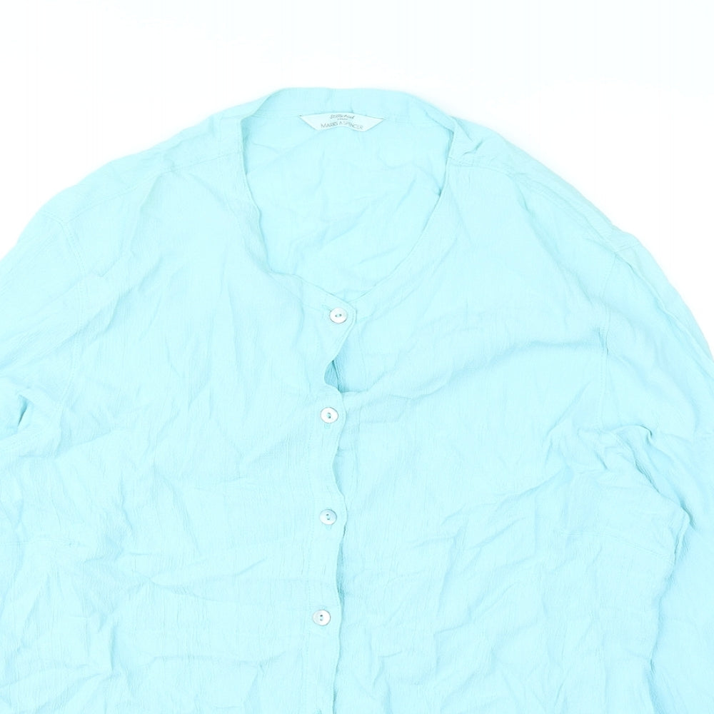 Marks and Spencer Womens Blue Viscose Basic Button-Up Size 2 Round Neck