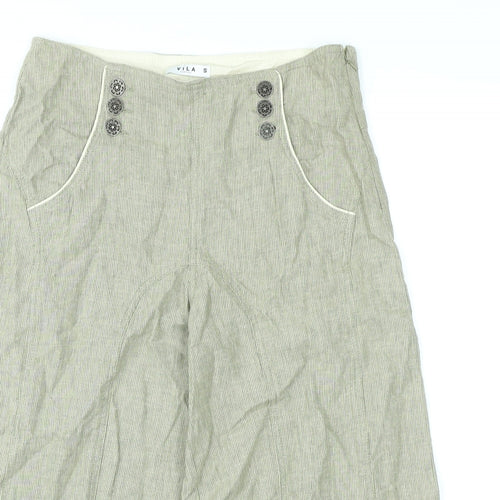 VILA Womens Green Striped Cotton Cropped Trousers Size S L20 in Regular Zip