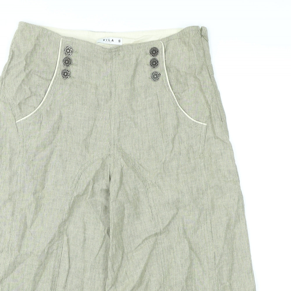 VILA Womens Green Striped Cotton Cropped Trousers Size S L20 in Regular Zip