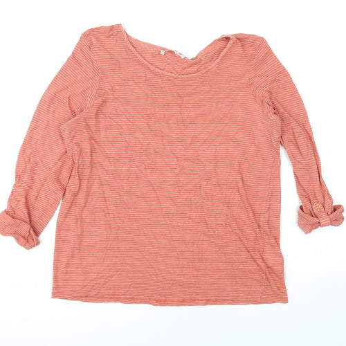 Marks and Spencer Womens Orange Striped Cotton Basic Blouse Size 14 Round Neck
