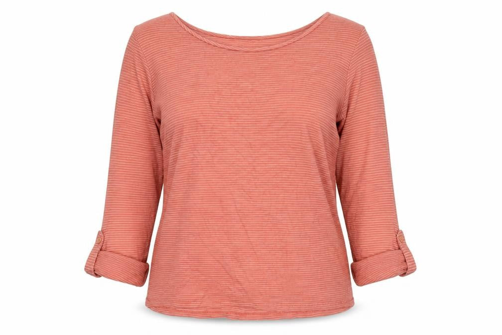 Front view of Marks & Spencer women’s orange striped cotton basic blouse, size UK 14, round neck